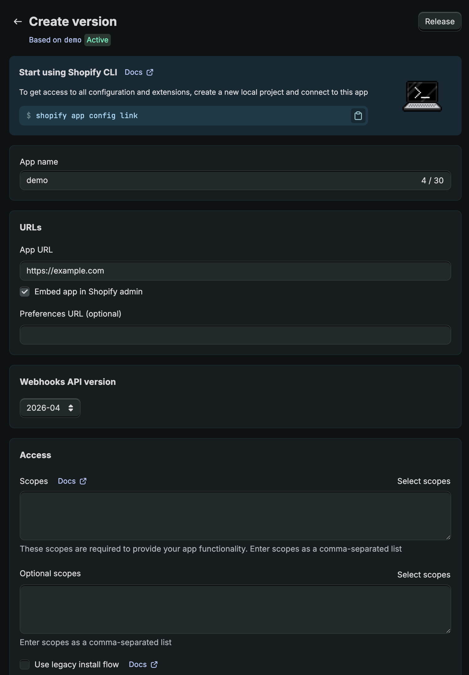 Full app settings page showing App name, URLs, Webhooks, and Scopes sections