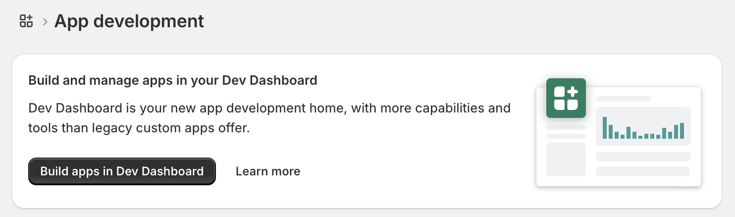 Shopify Settings showing the App development section and Build apps in Dev Dashboard button