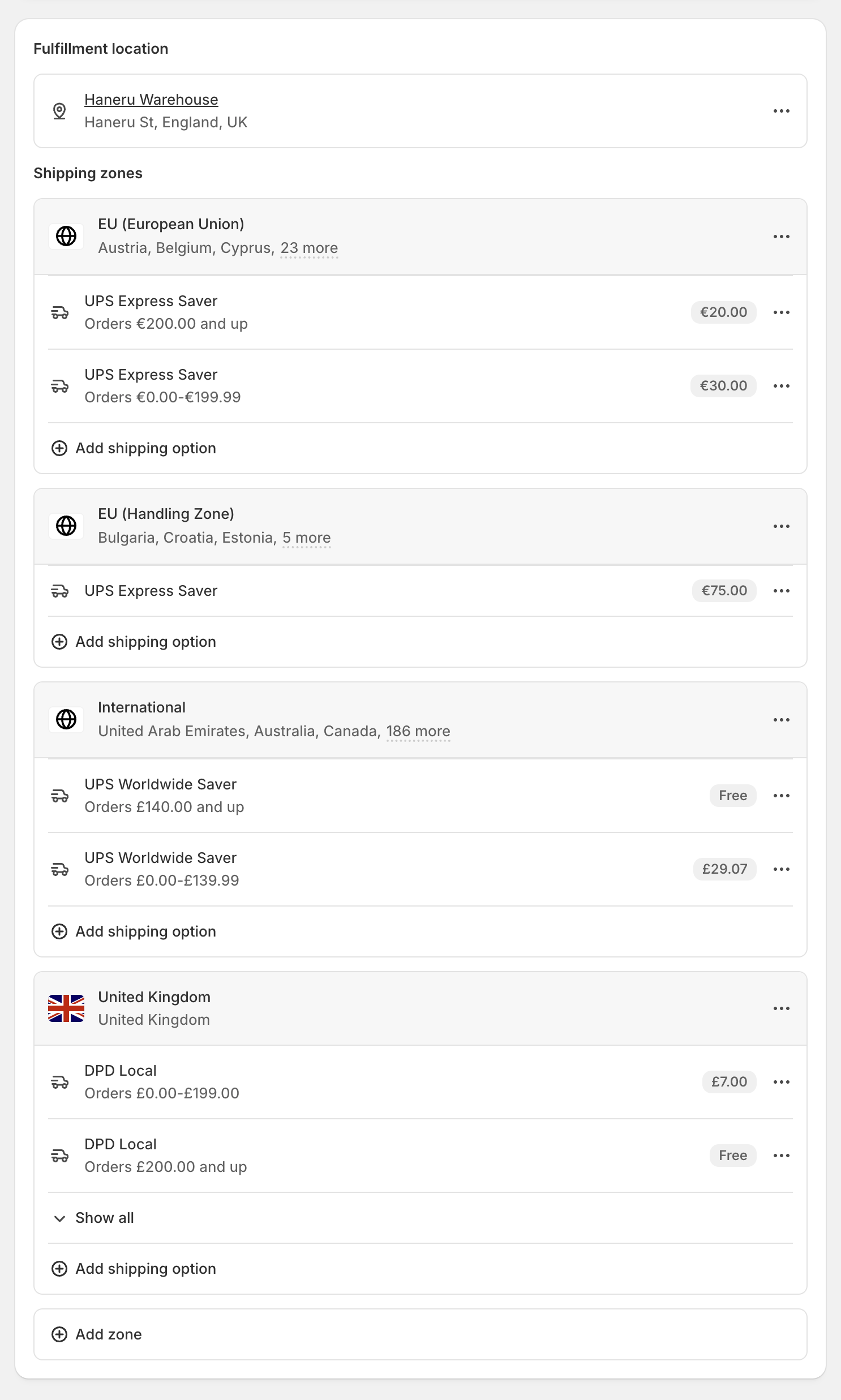 Shipping and delivery showing configured zones and rates