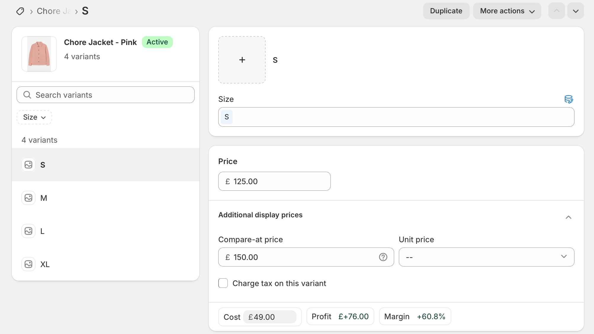 Product pricing fields showing compare-at price correctly set above the sale price