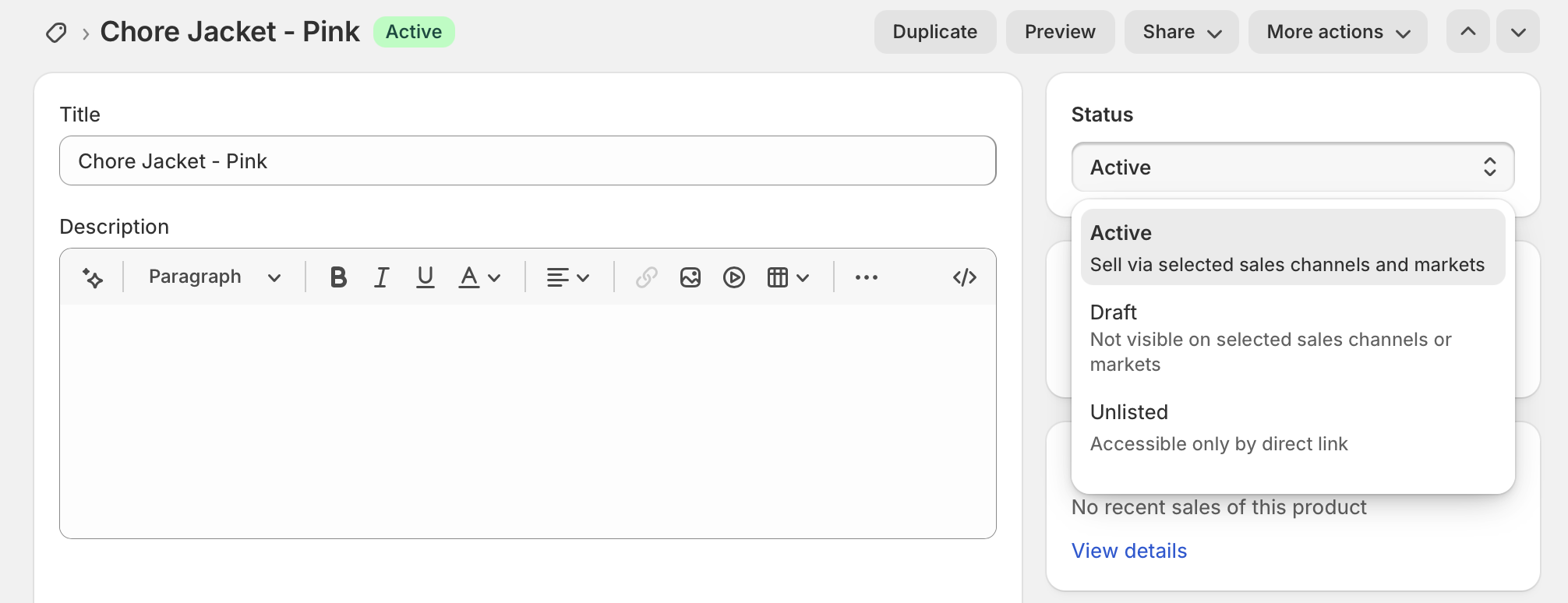 Product status toggle showing Draft vs Active options