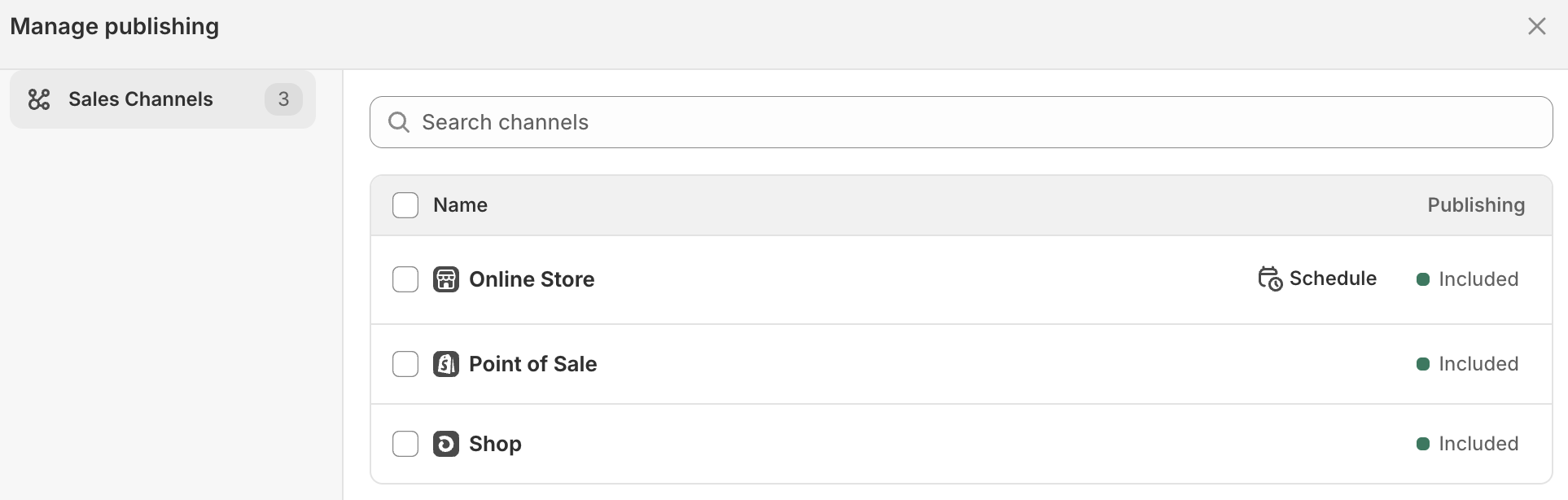 Available sales channels to publish a product