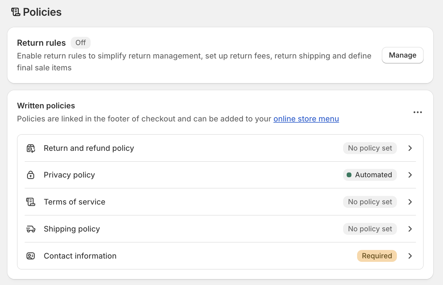 Shopify Policies Admin Section